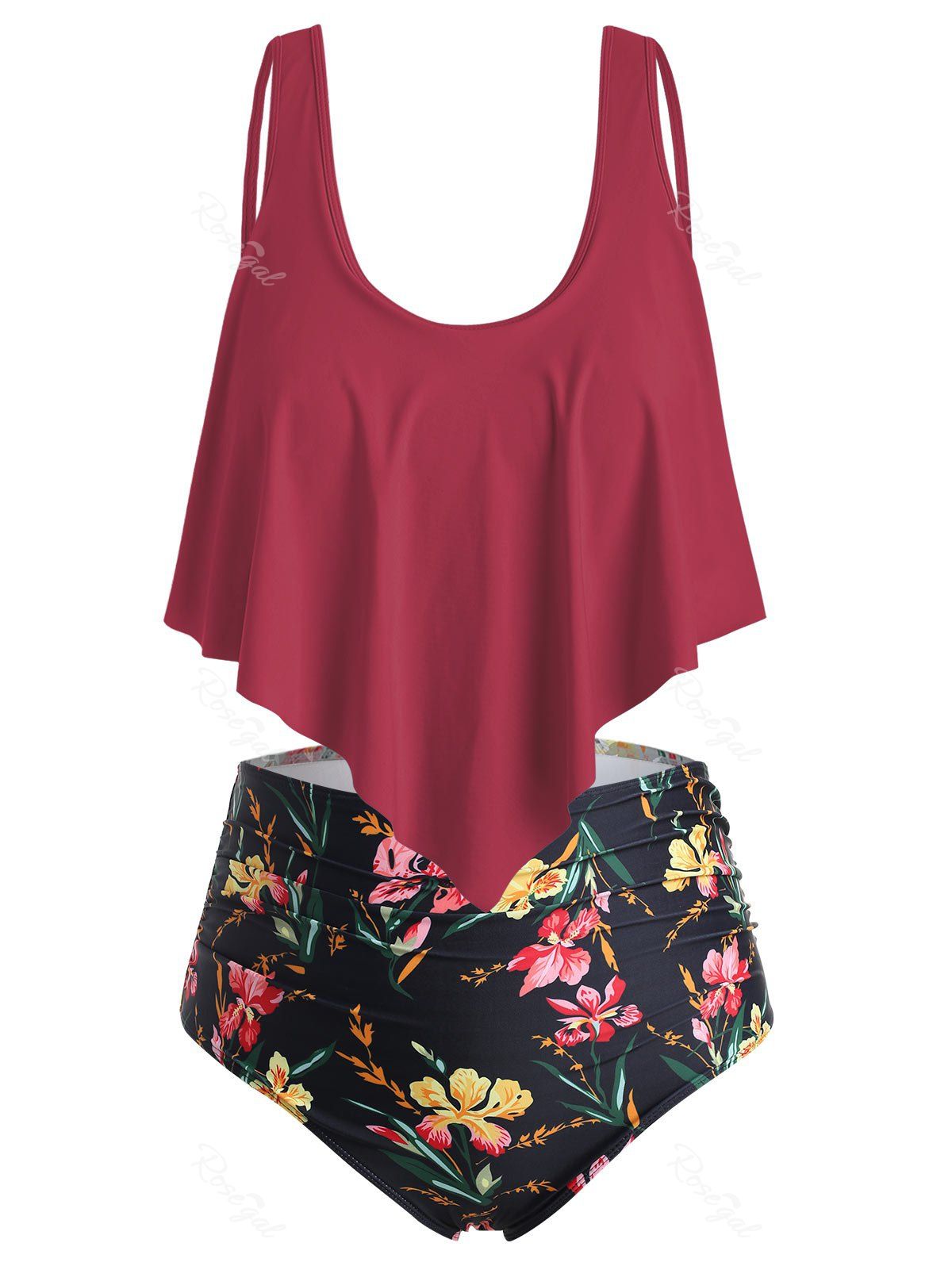 

Flounce Floral Ruched Plus Size Bikini Set, Red wine