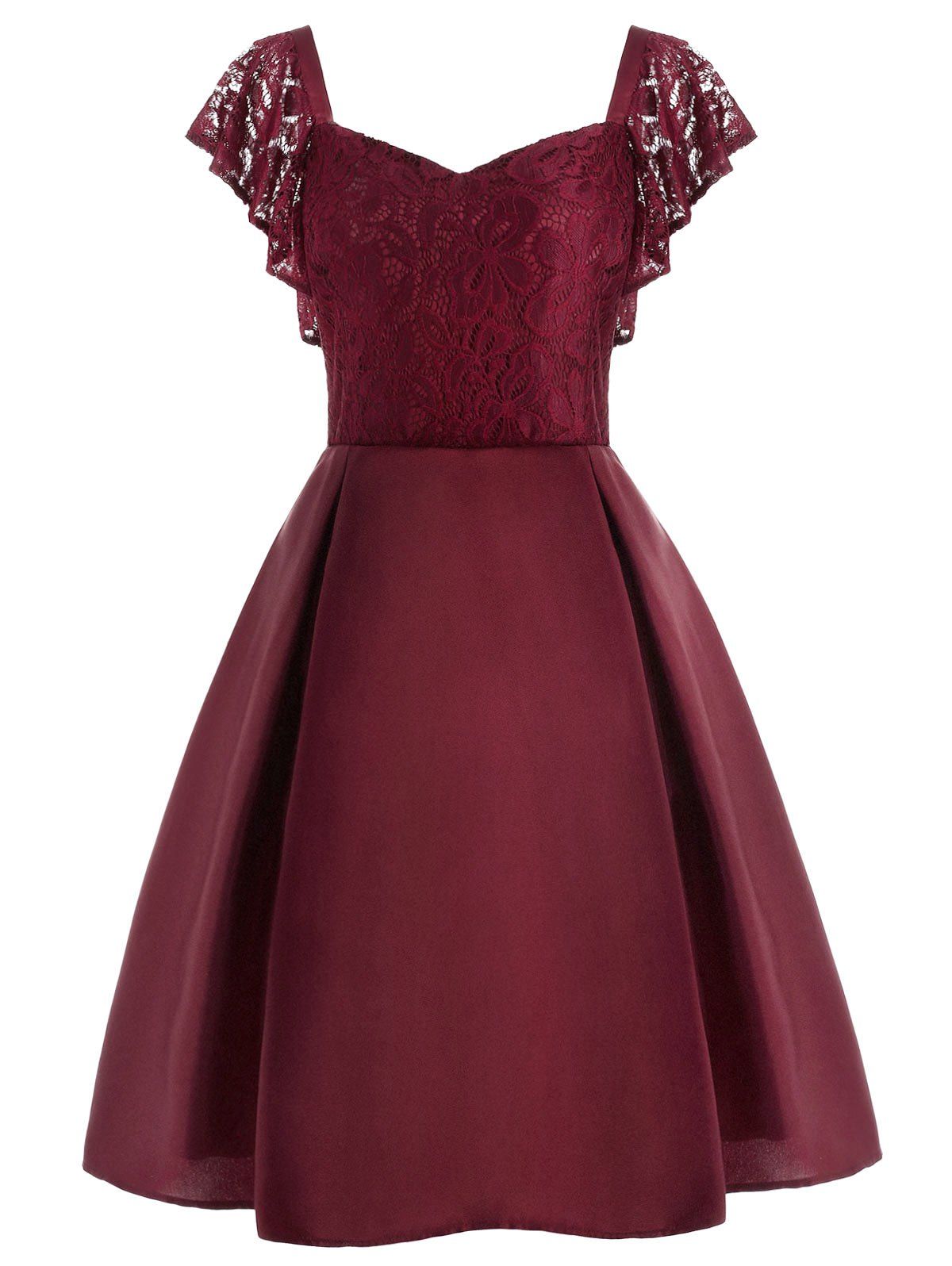 

Plus Size Lace Panel Flounce Fit and Flare Dress, Red wine