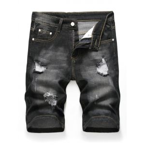 

Zipper Fly Design Ripped Denim Shorts, Black