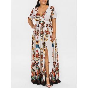 

Plus Size High Waist Maxi Slit Dress, Warm white