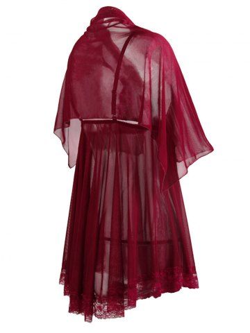 

See Through Plus Size Babydoll With Scarf, Red wine