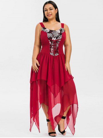 

Lace Up Layered Plus Size Handkerchief Dress, Red wine