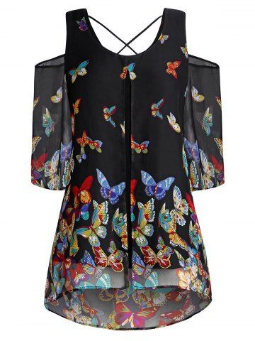 

Plus Size Butterfly Print Cold Shoulder Blouse, Black