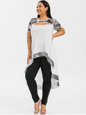 

Plus Size Cut Out Lace Insert High Low T-shirt, White