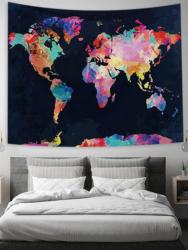 

Color Block World Map Print Wall Tapestry, Graphite black