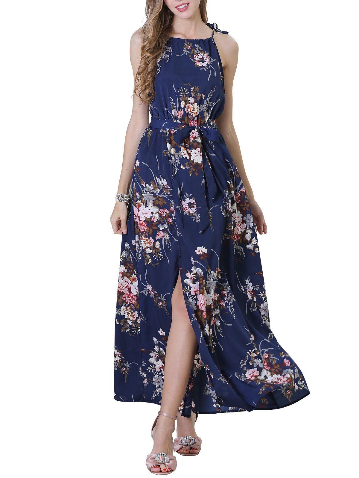 

Flower Slit Cutaway Maxi Dress, Deep blue