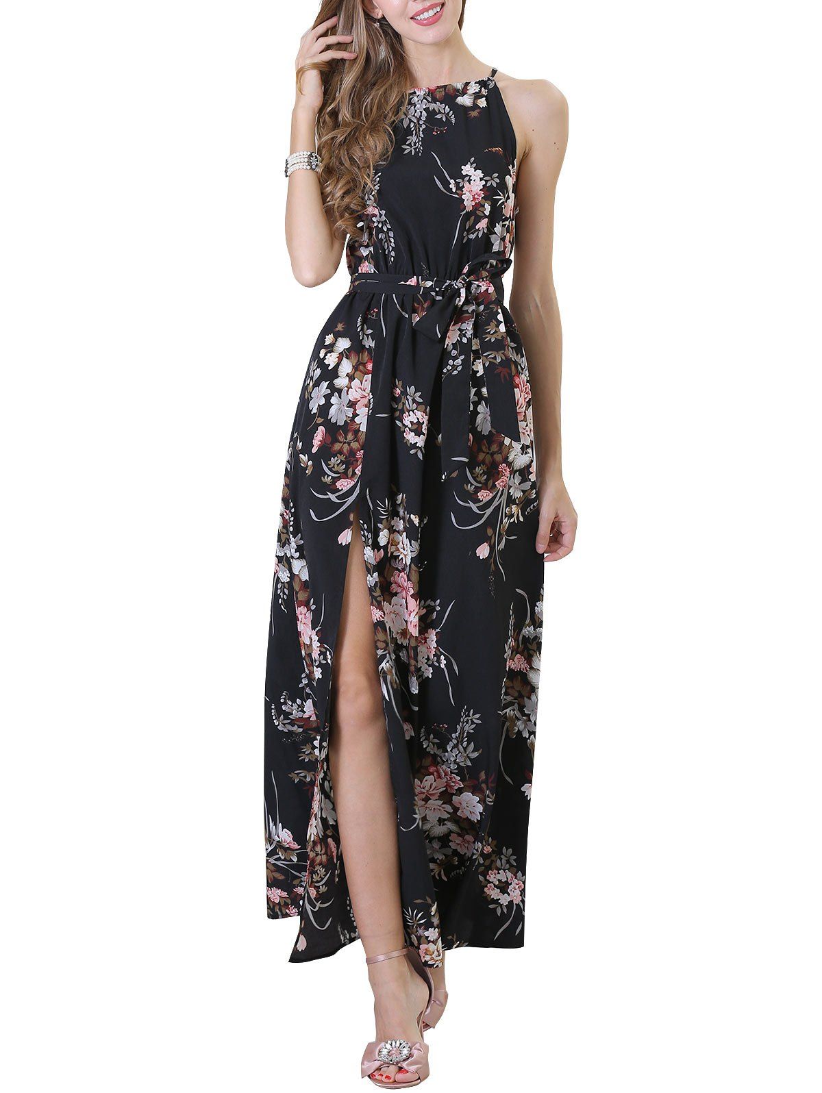 

Flower Slit Cutaway Maxi Dress, Black