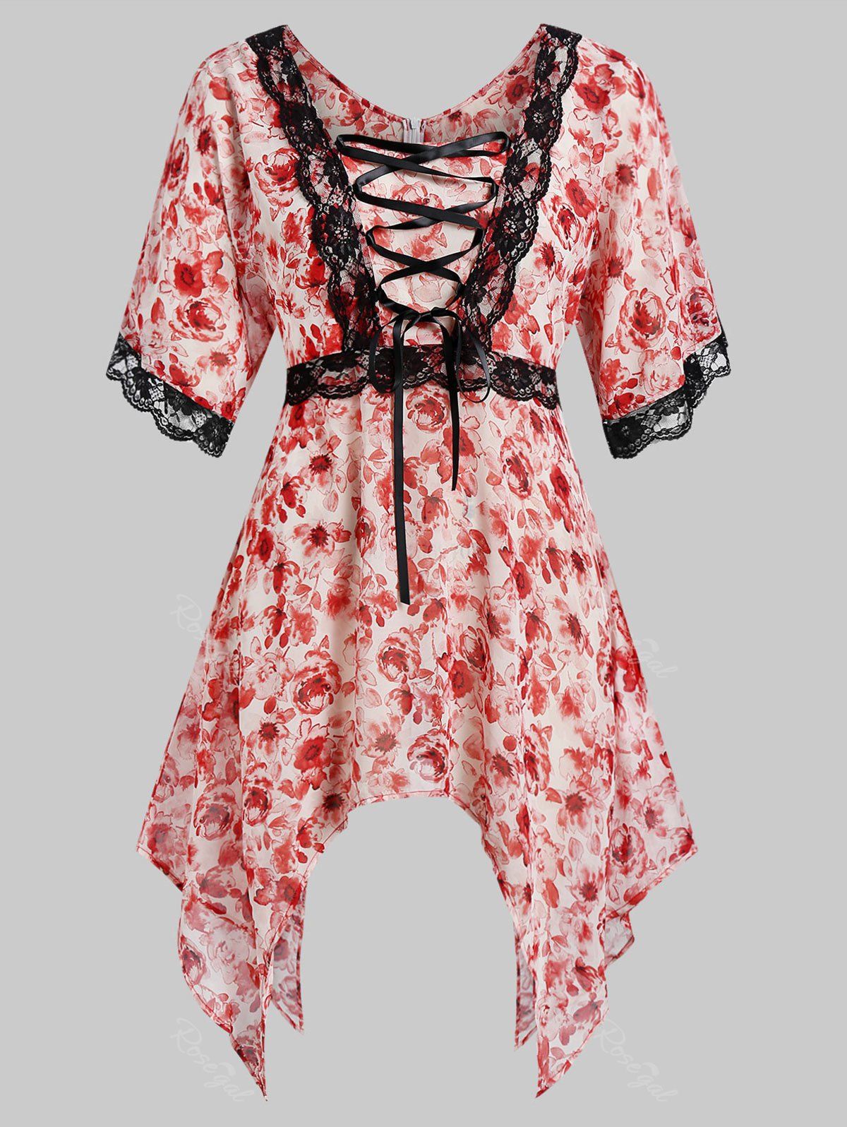 

Plus Size Floral Print Lace Up Blouse, Multi-a