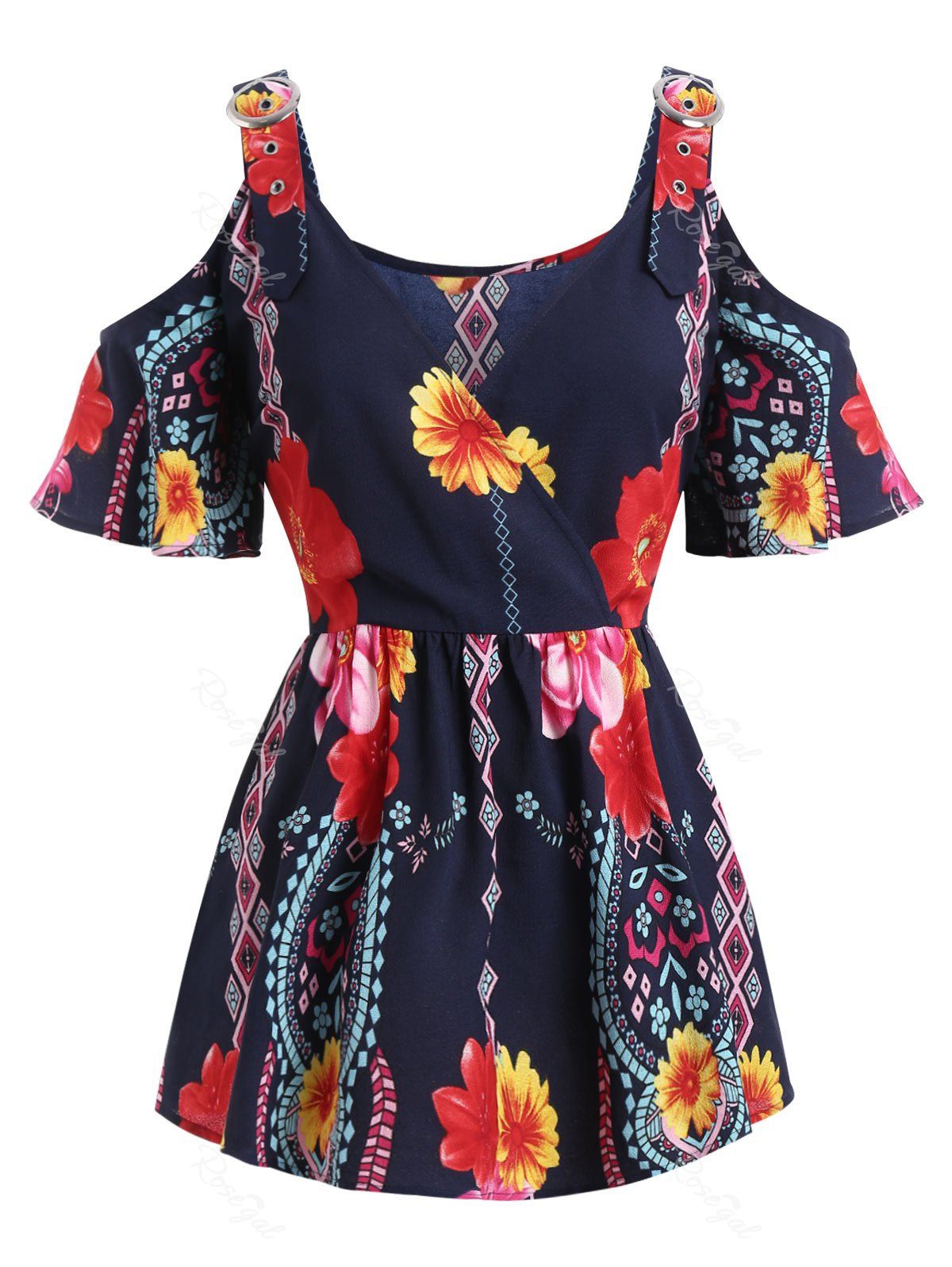 

Plus Size Surplice Floral Print Blouse, Midnight blue