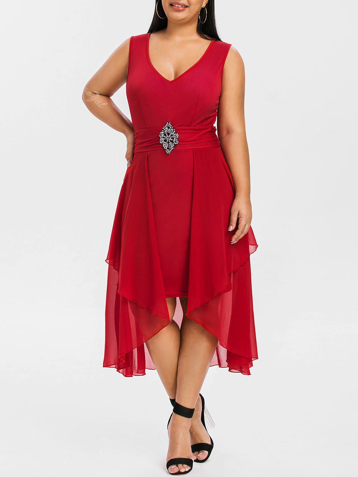 

Plus Size Rhinestone Overlay Asymmetrical Dress, Red wine