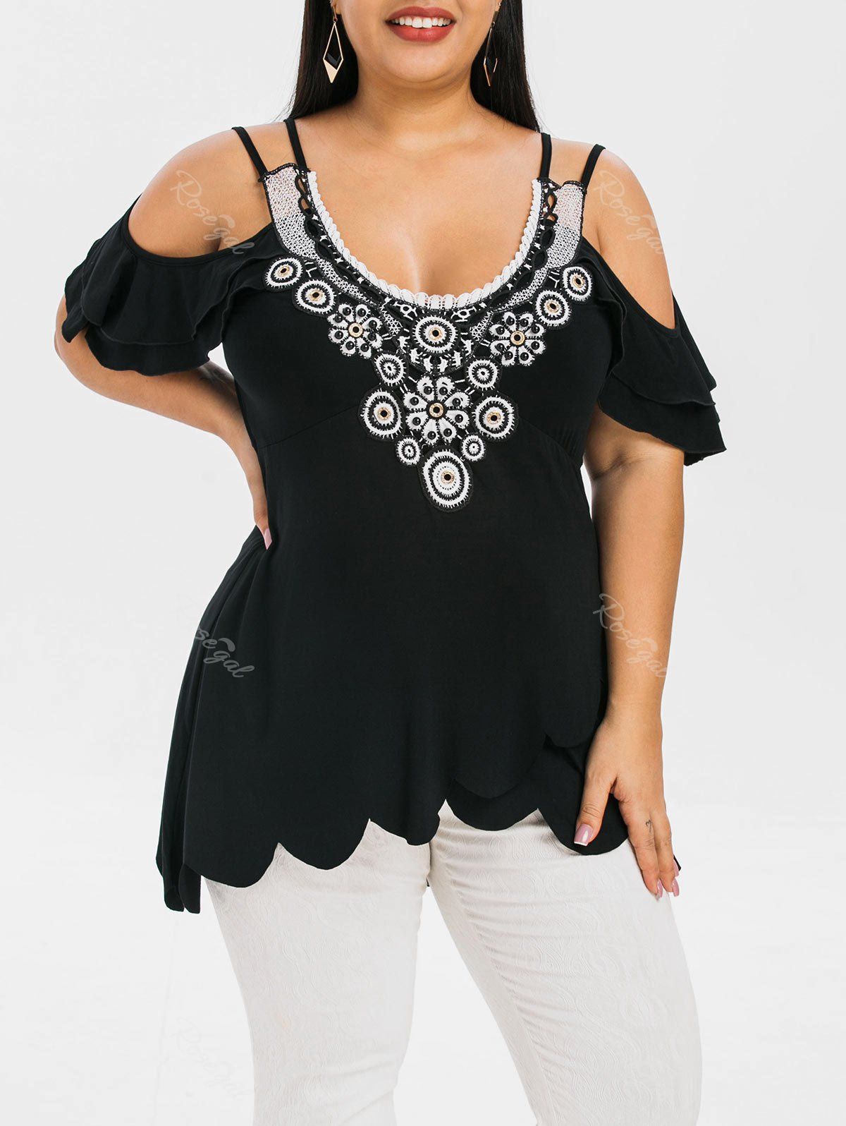 

Plus Size High Low Scalloped T Shirt, Black