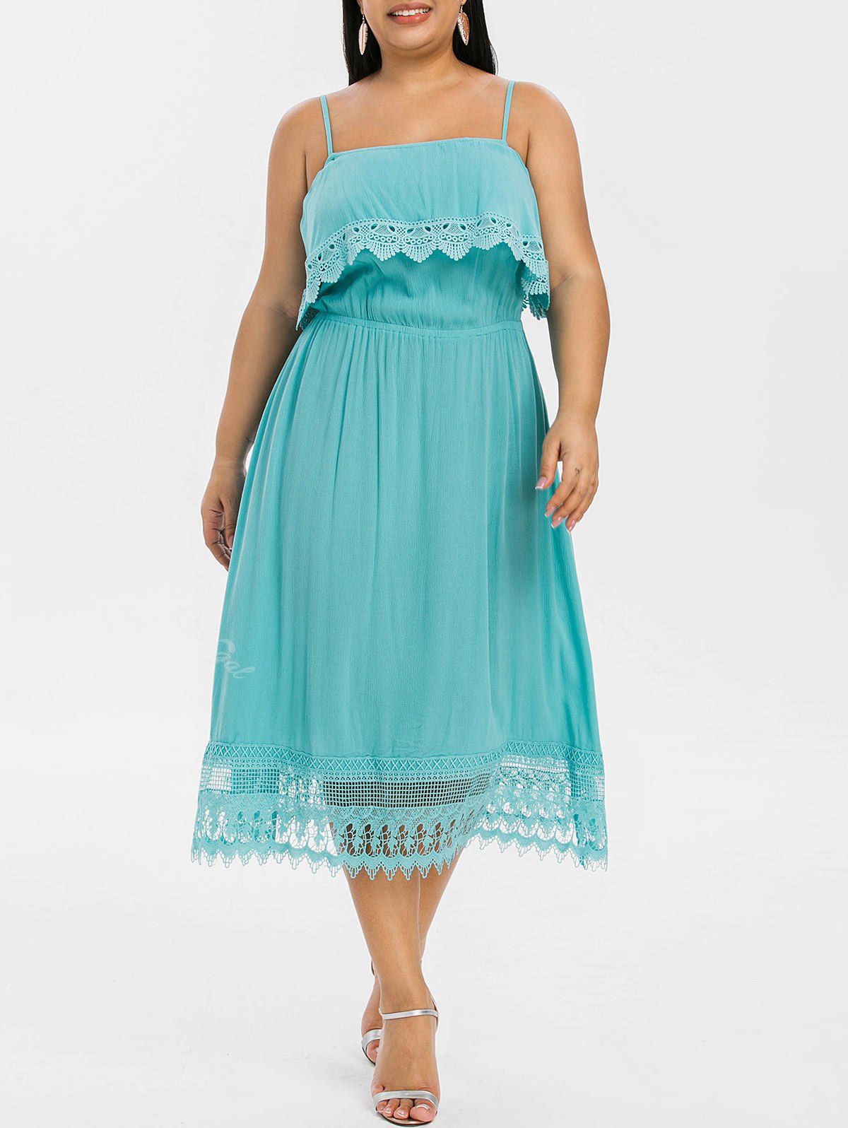

Crochet Panel Plus Size Cami Flounce Midi Dress, Turquoise