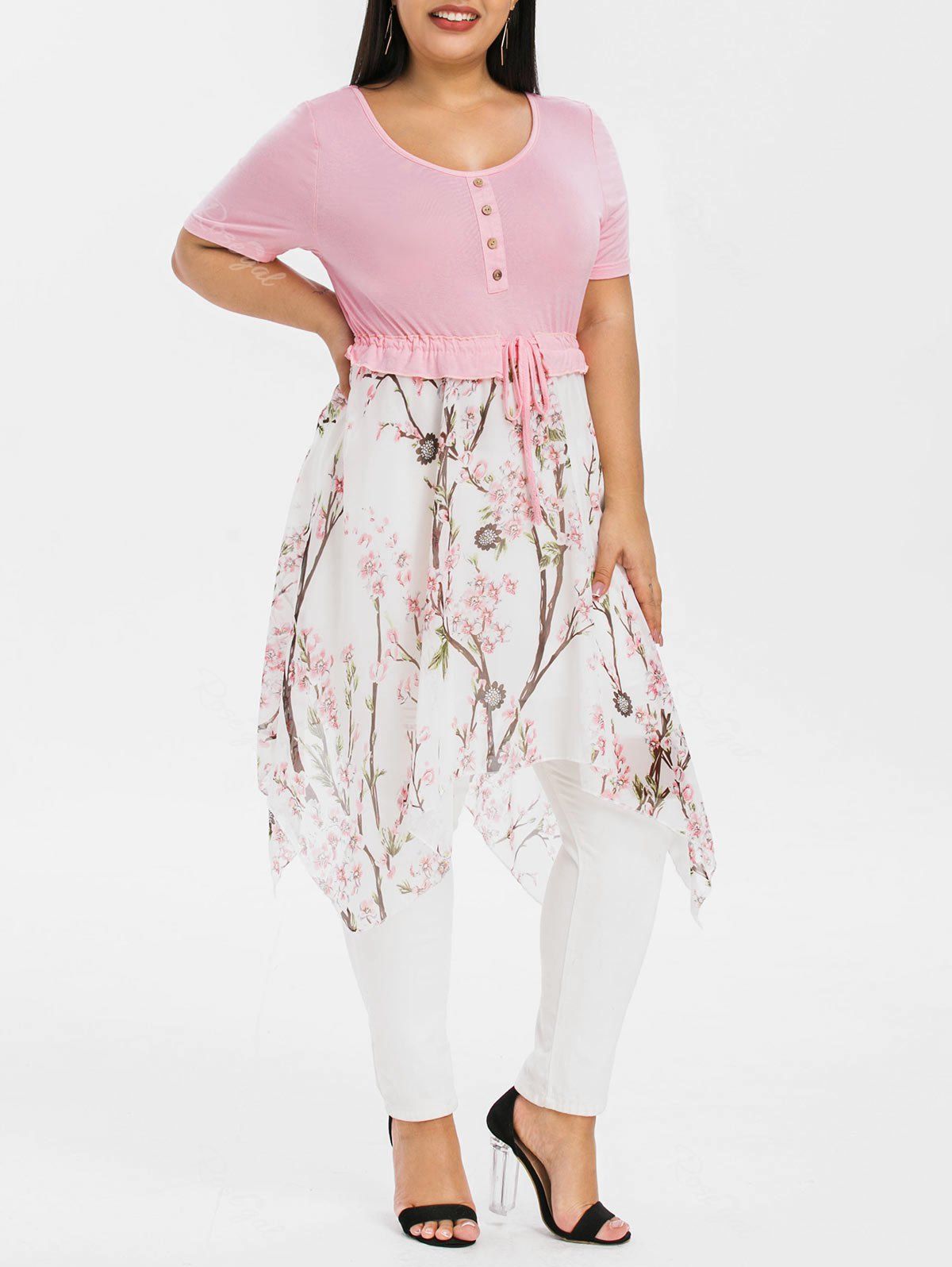 

Plus Size Floral Print Asymmetrical T Shirt, Pink