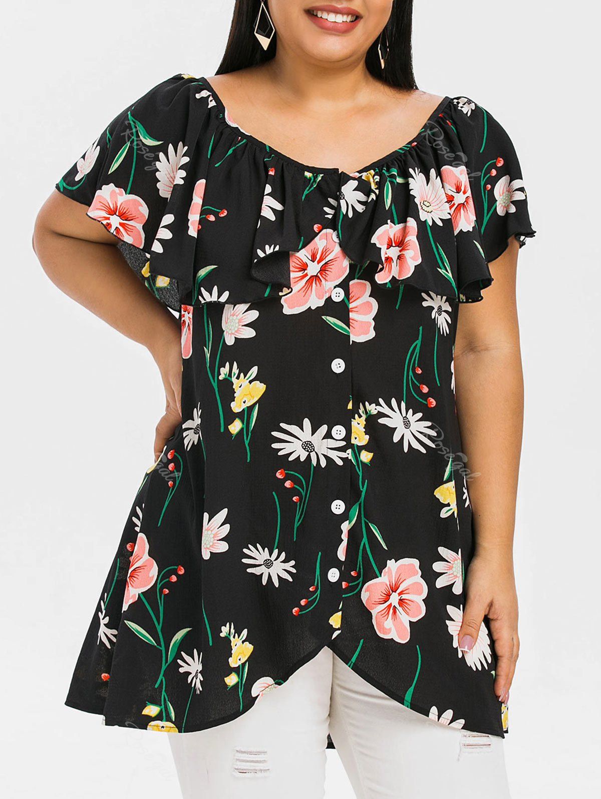 

Plus Size Ruffled High Low Floral Blouse, Black