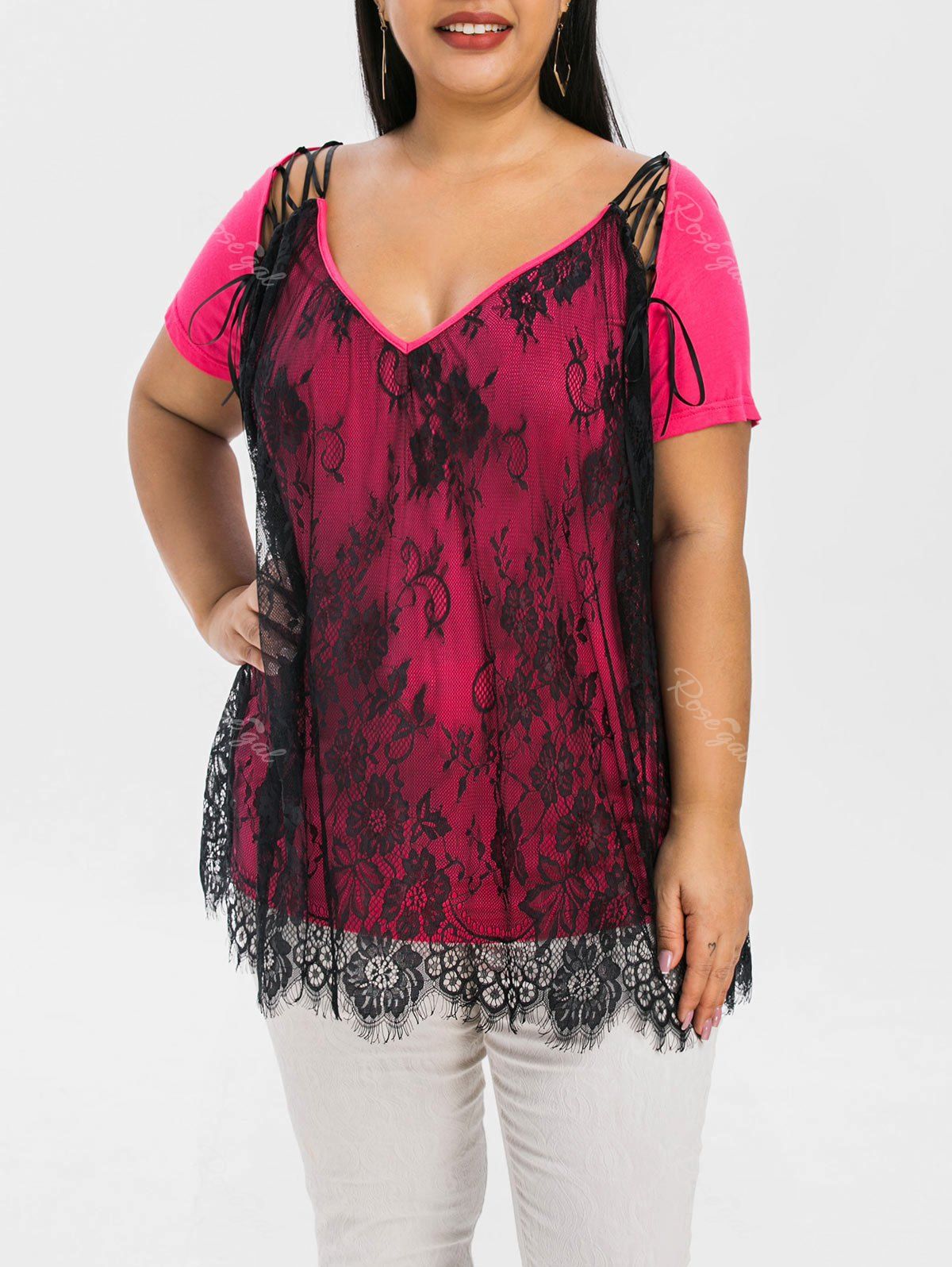 

Plus Size Floral Lace Raglan Sleeve T-shirt, Rose red