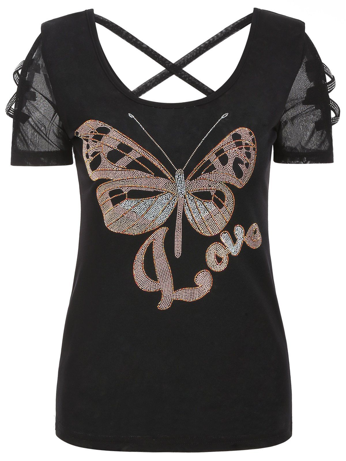 

U Neck Rhinestones Butterfly Mesh Tee, Black