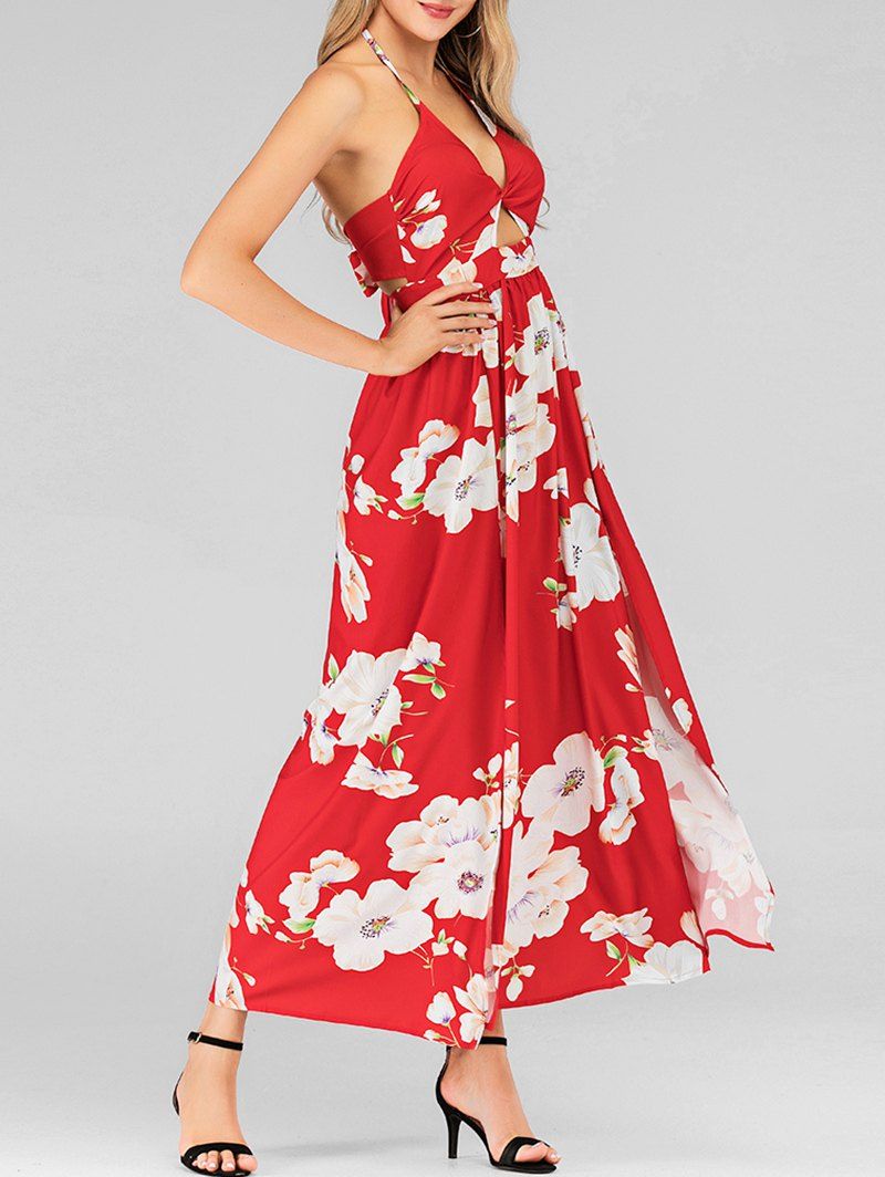 

Halter Flower Twist High Slit Long Dress, Red