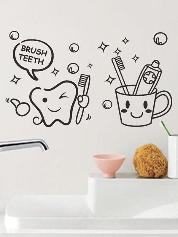 

Cartoon Brush Teeth Print Wall Art Stickers, Black