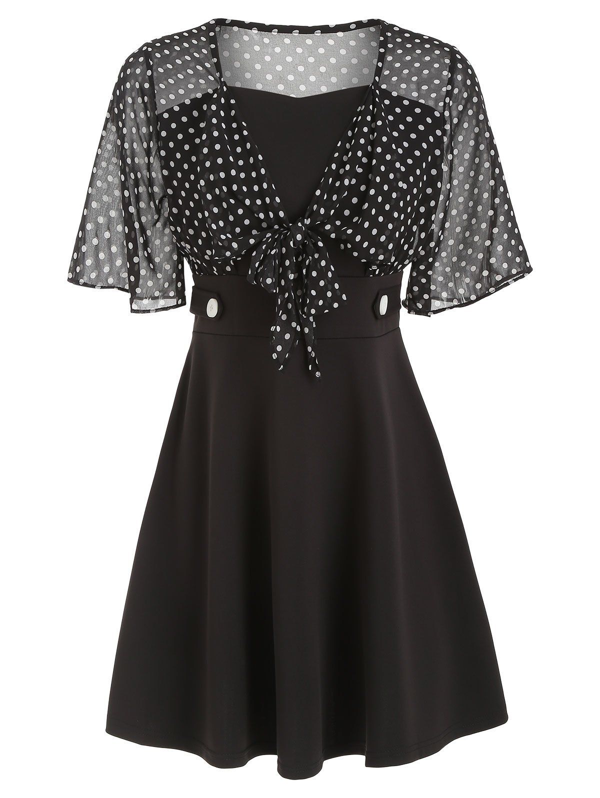 

Polka Dot Faux Twinset A Line Dress, Black
