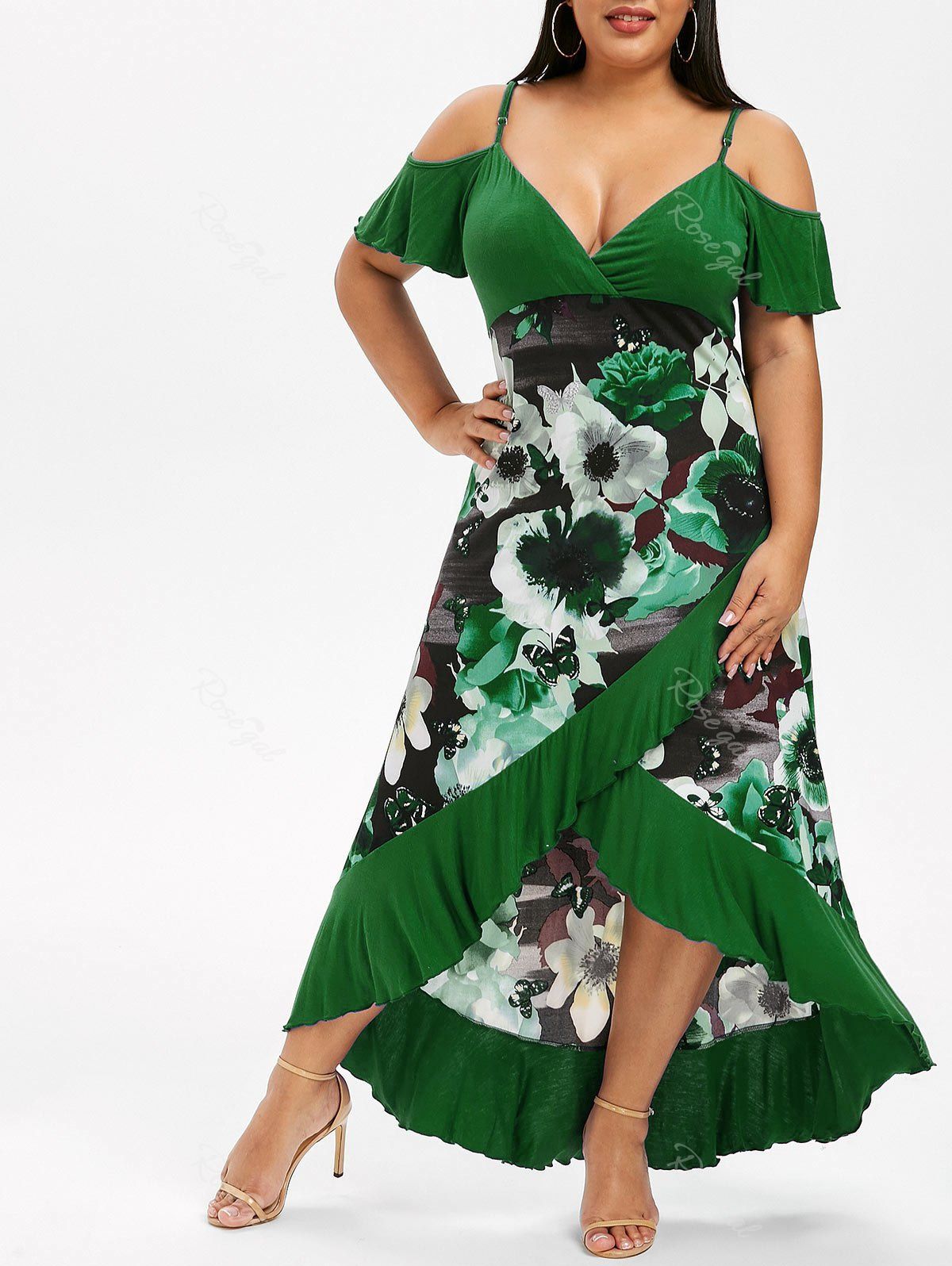 

Plus Size High Low Cold Shoulder Ruffle Dress, Medium forest green