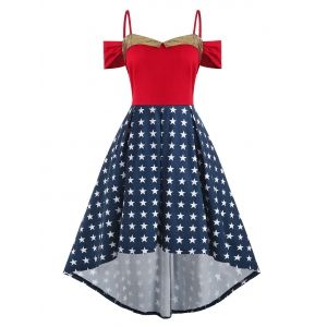 

Stars Cold Shoulder High Low Plus Size Dress, Blue