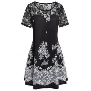 

Plus Size Lace Insert Flower Longline T-shirt, Black