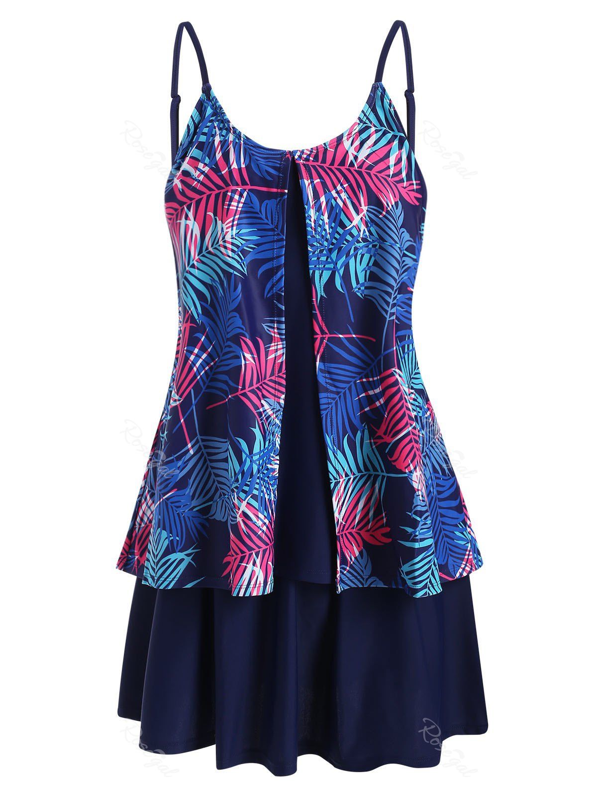 

Leaf Print Front Slit Plus Size Tankini Set, Deep blue