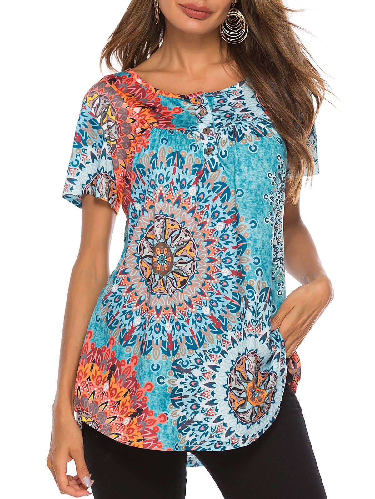 

Flower Half Button T-shirt, Multi-a
