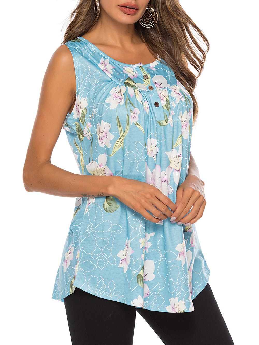 

Floral Half Button Tank Top, Multi-c