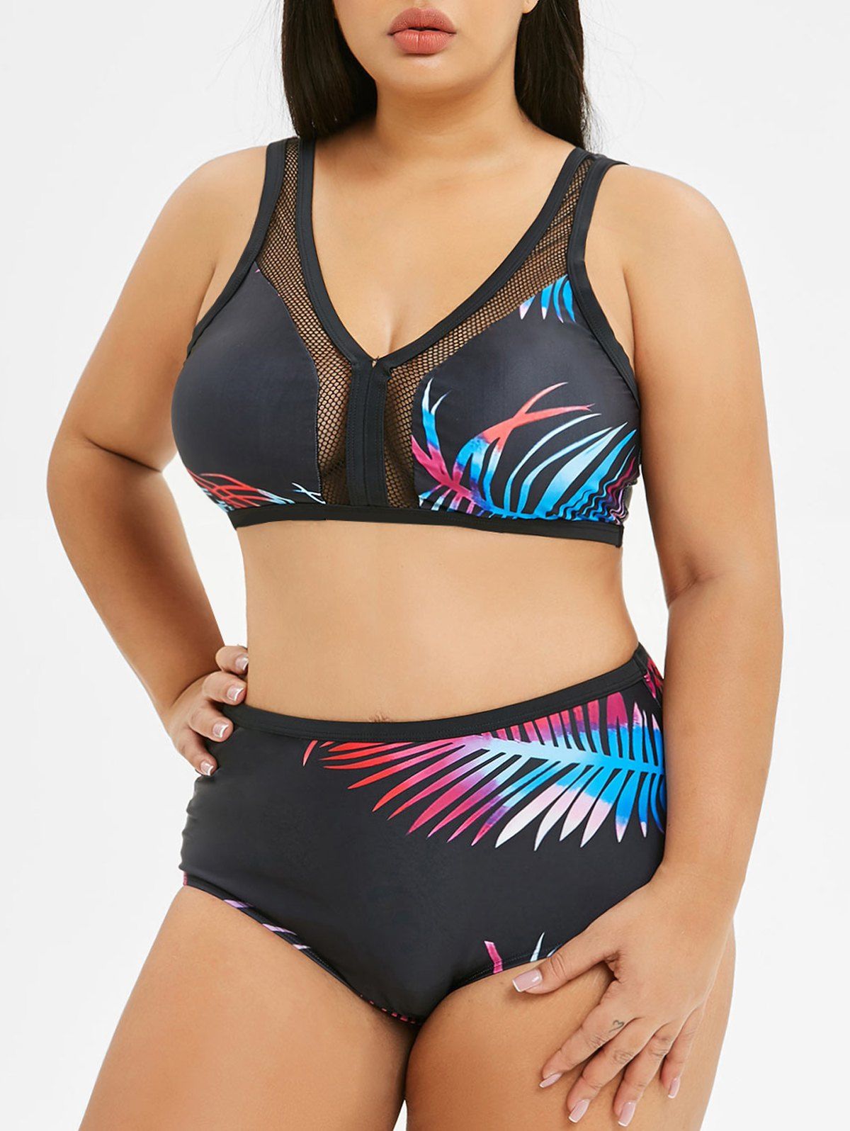

Plus Size Leaf Pattern High Waist Bikini Set, Black