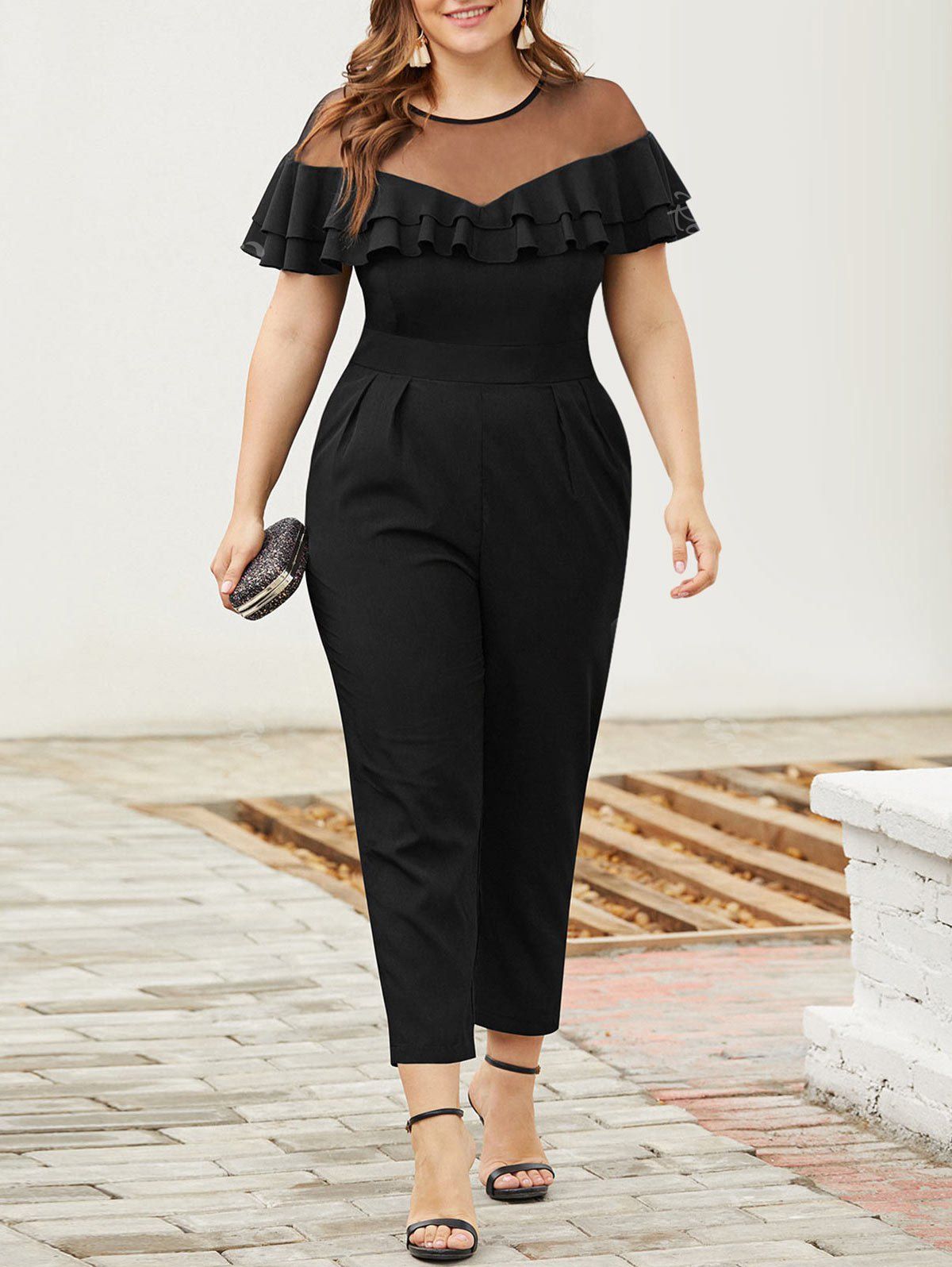 [34% OFF] Plus Size Mesh Insert Ruffle Ninth Jumpsuit | Rosegal