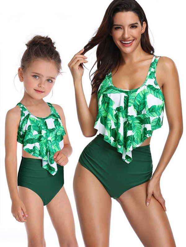 

U Neck Leaves Print Family Swimsuit, Deep green