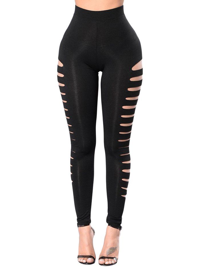 

High Waisted Ripped Elastic Leggings, Black