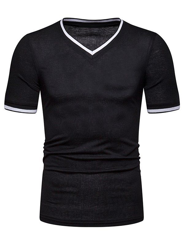 

Striped Trim V Neck T Shirt, Black