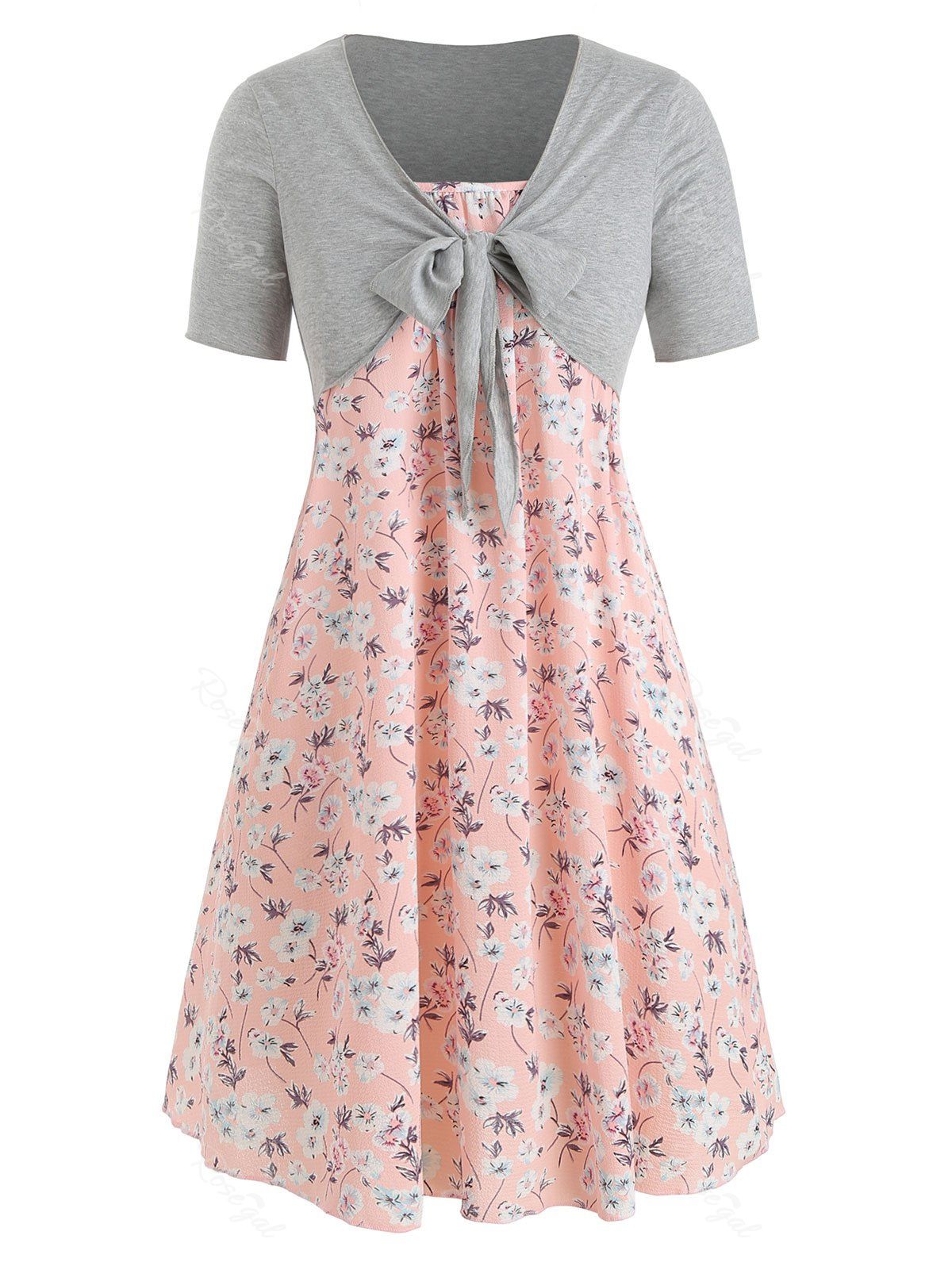 

Plus Size Floral Cami Dress And Front Knot T-shirt Twinset, Multi-a