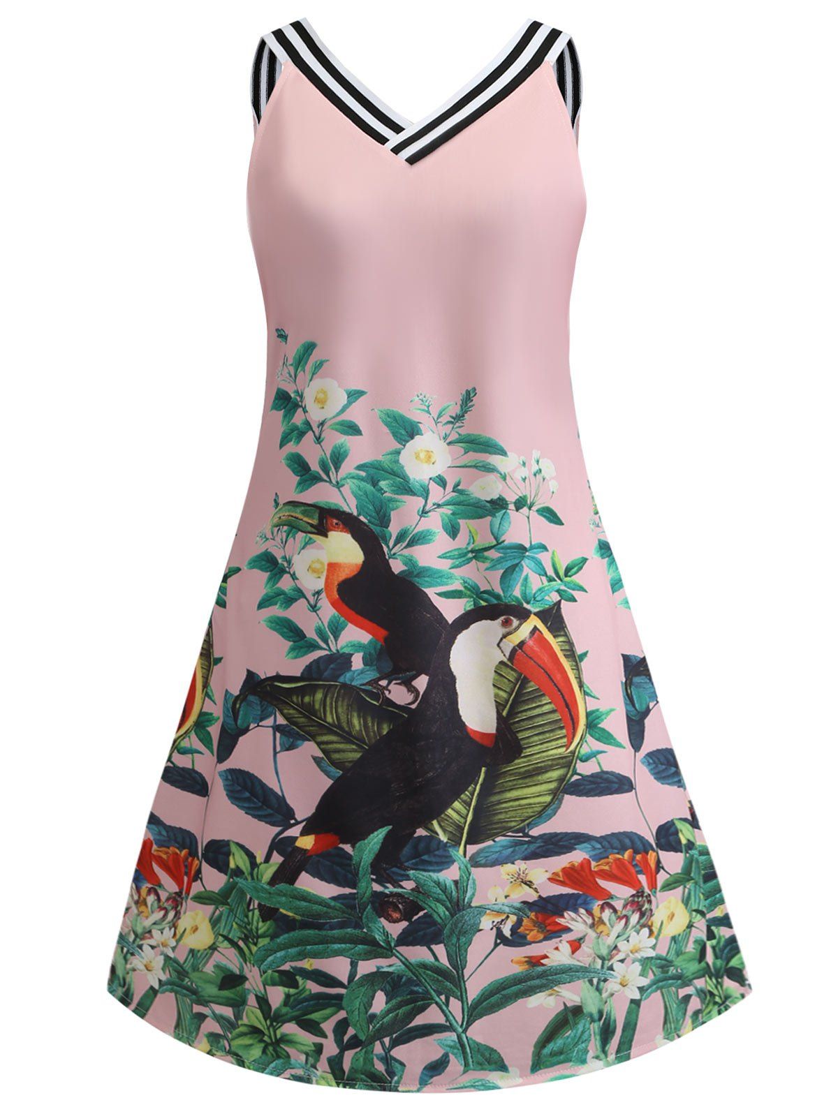 

Flower Bird Print A Line Casual Dress, Pig pink