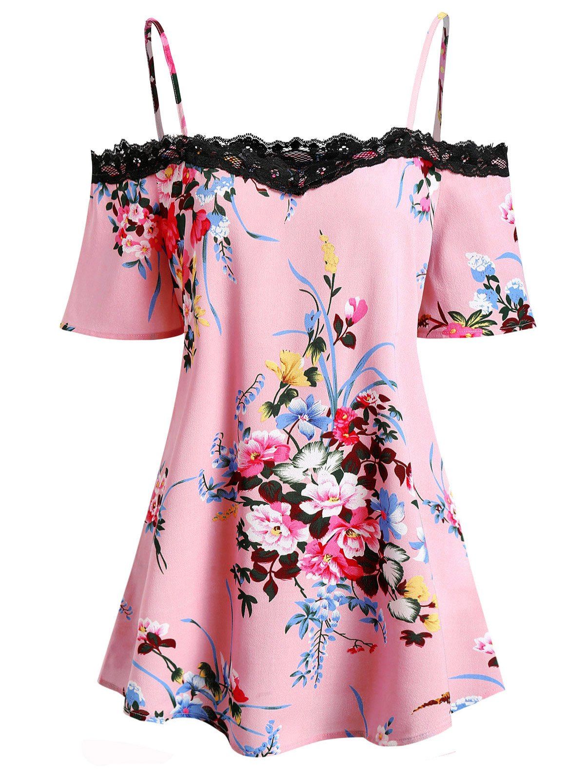 

Lace Trim Flower Open Shoulder Blouse, Pink