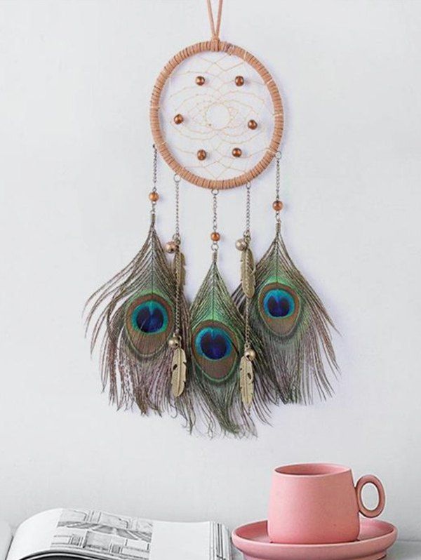 

Dream Catcher Peacock Feather Beads Hanging Decor, Multi-a
