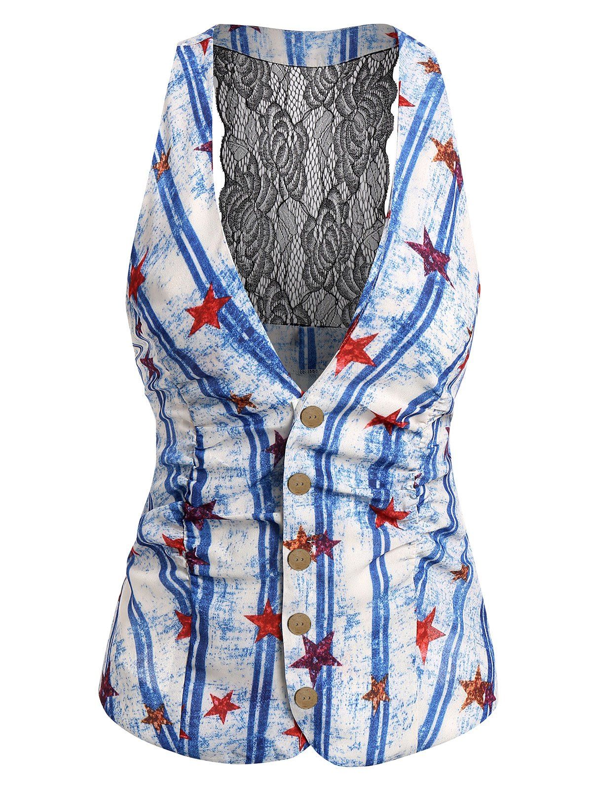 

Plunge Lace Panel American Flag Tank Top, Blue