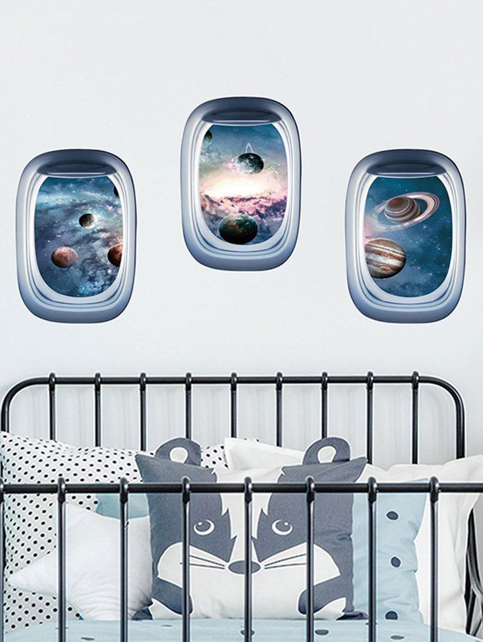 

Aircraft Window Universe Planets Print Removable Wall Art Stickers, Multi