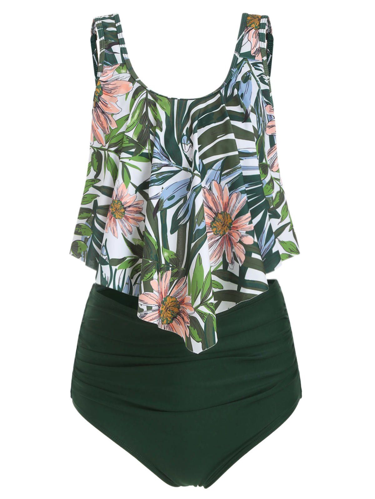 

Plant Print Ruched Flounce Tankini Set, Dark forest green