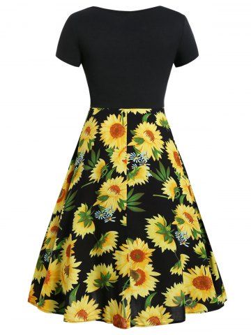 

Plus Size Sunflower Print V Neck Dress, Black