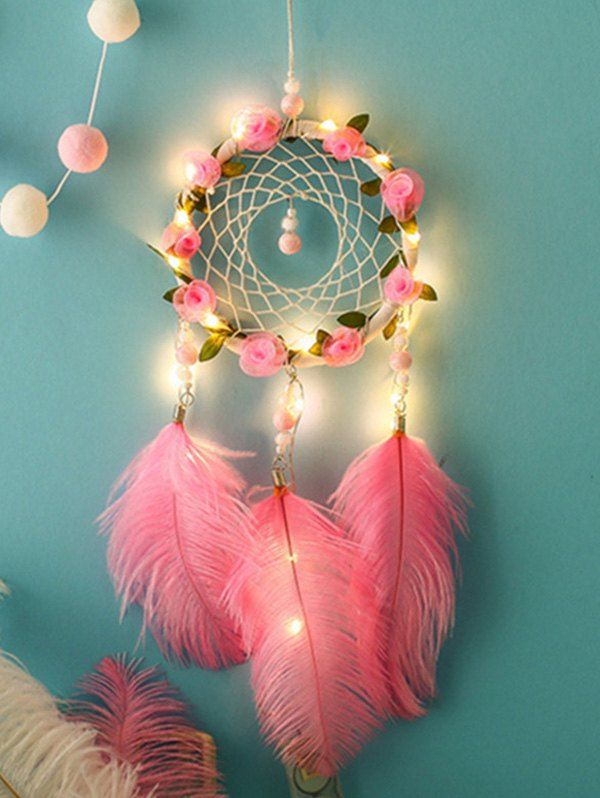 [50% OFF] LED Light Flowers Feather Dream Catcher | Rosegal