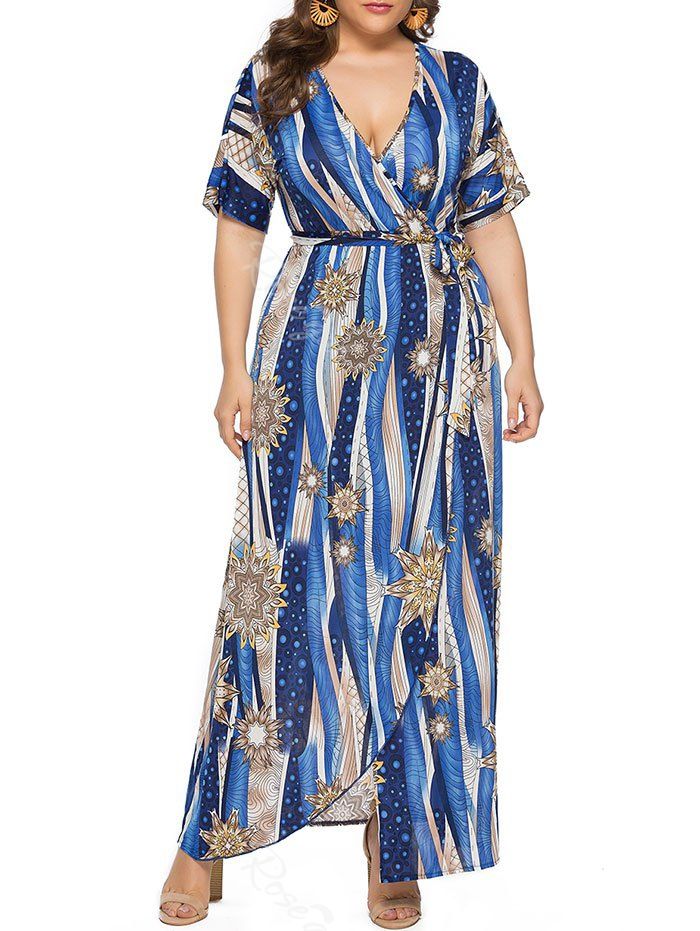 

Plus Size Front Slit Printed Maxi Surplice Dress, Blue