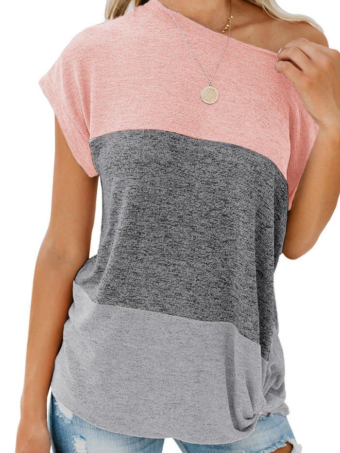 

Color Block Skew Neck T-shirt, Rose