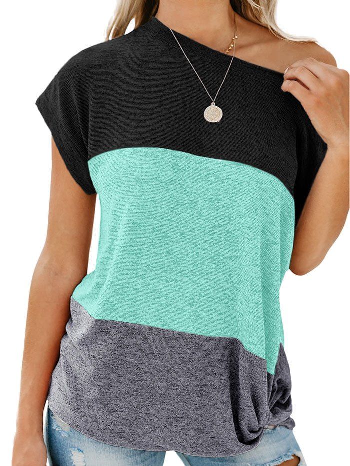 

Color Block Skew Neck T-shirt, Celeste