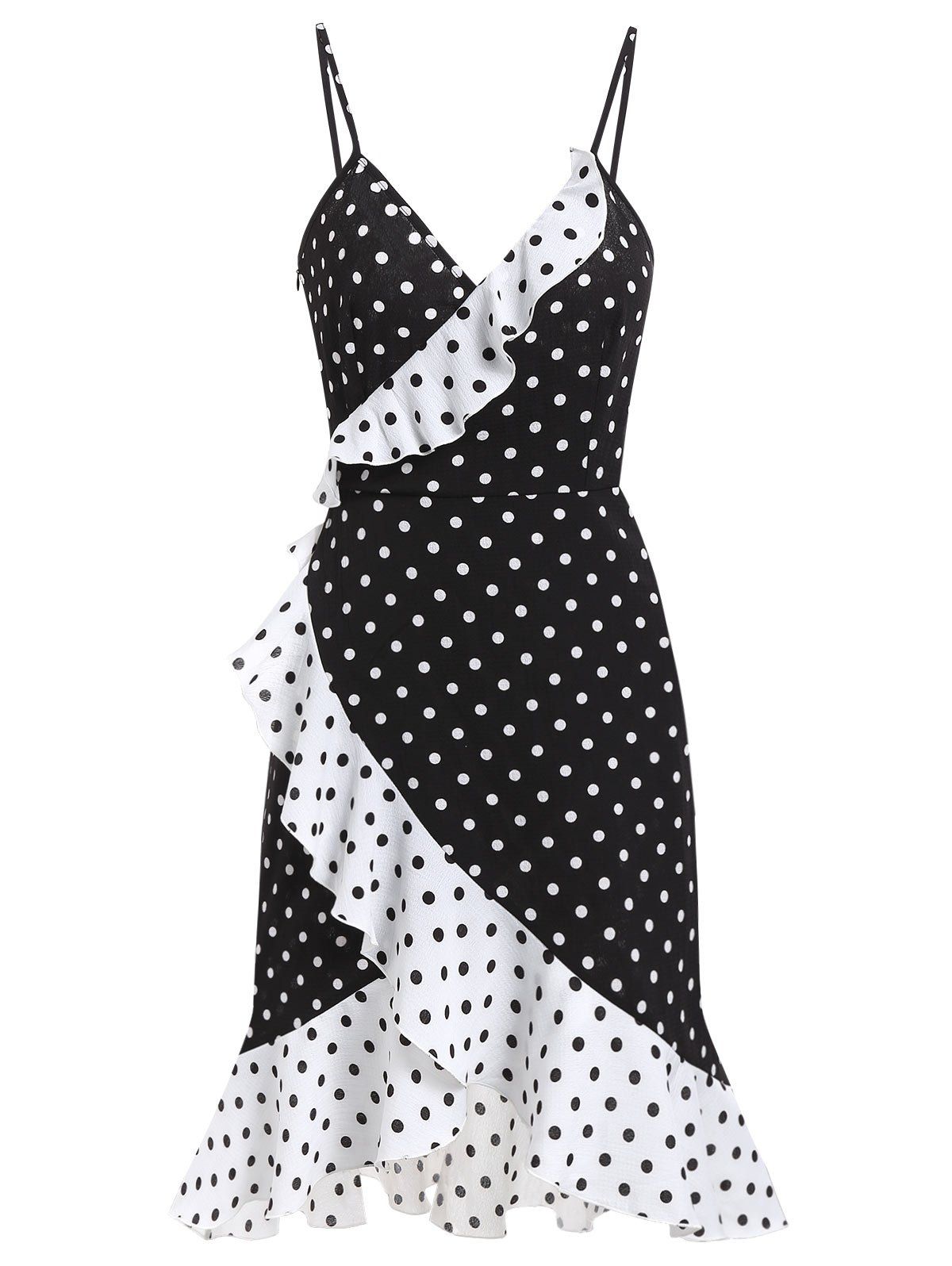 

Polka Dot Flounce Cami Open Back Dress, Black