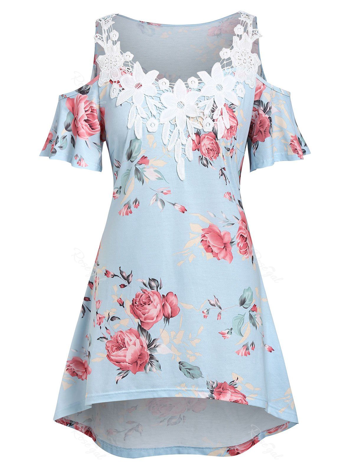 

Plus Size Open Shoulder Floral Print T Shirt, Light sky blue