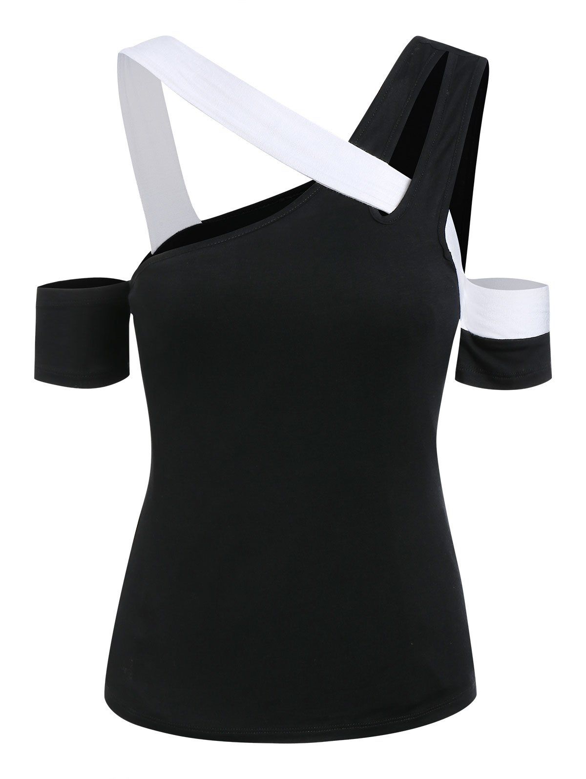 

Open Shoulder Contrast T Shirt, Black