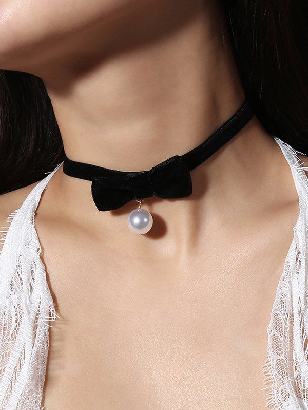 

Bow Choker Necklace with Faux Pearl, Black
